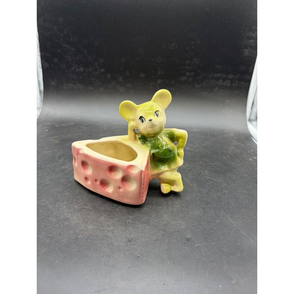Vintage Mouse and Cheese Ceramic Planter Figurine 705 USA Green Pink MCM